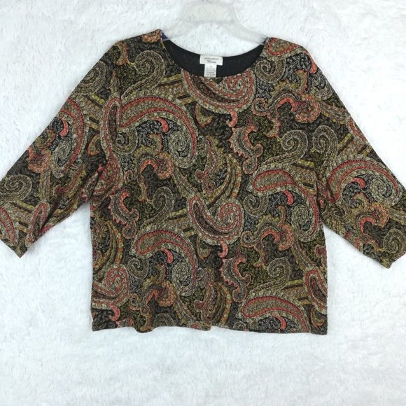 Laura Ashley Womens Top 3/4‎ Sleeve Crew Neck Paisley Black Gold Metallic 2X - Picture 1 of 11